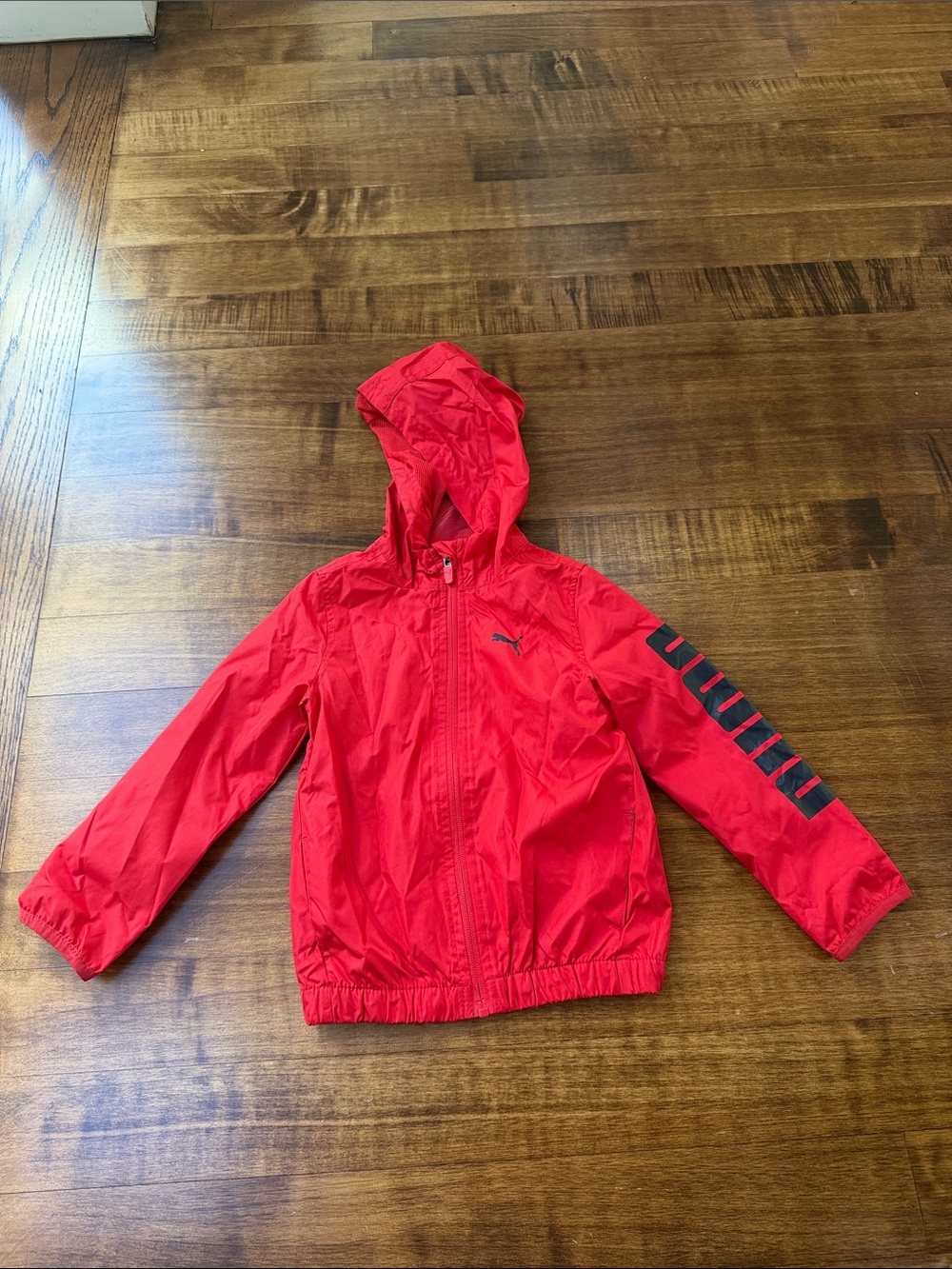 Puma Red Hooded Lightweight Kids Rain Jacket with Sleeve Stripes